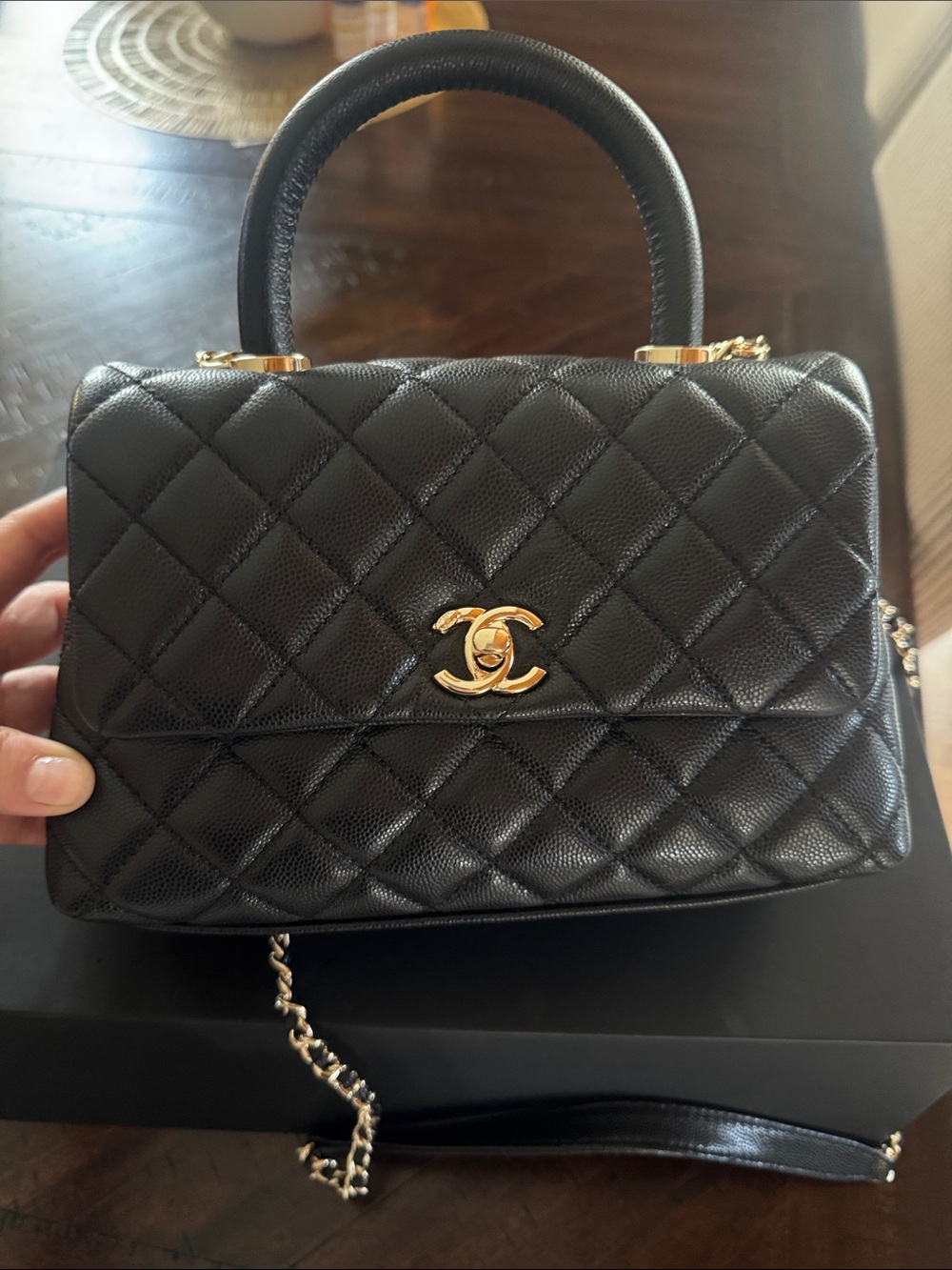Black Quilted Leather Shoulder Bag with Gold Hardware